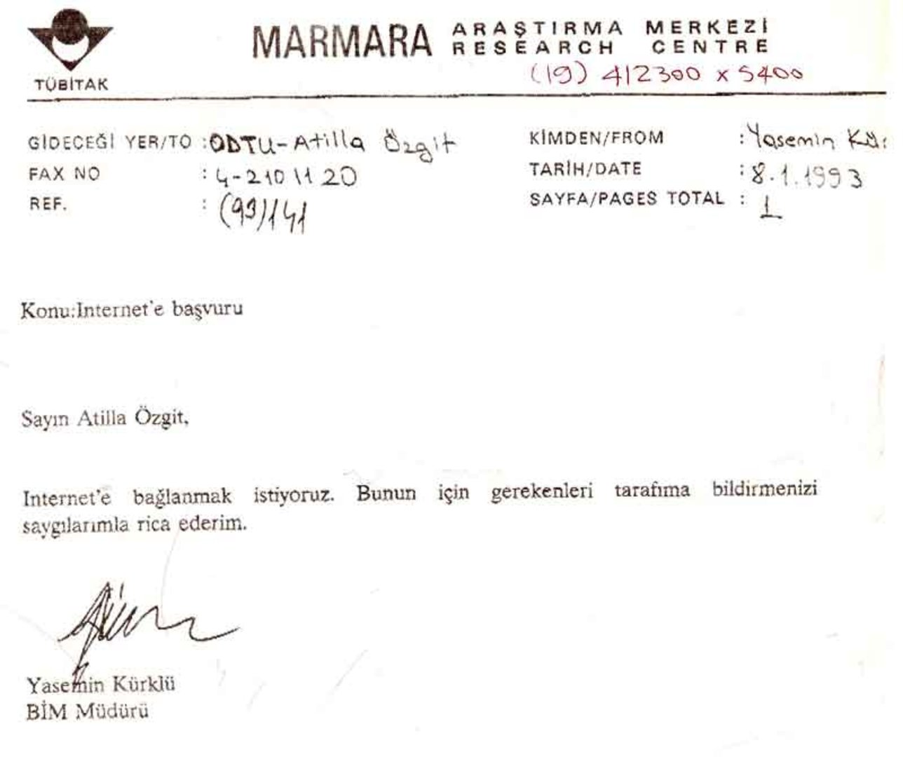 1993 - ODTÜ BİDB - PTT İşletme Genel Müdürlüğü yazışması (1) (Nisan 1993) 